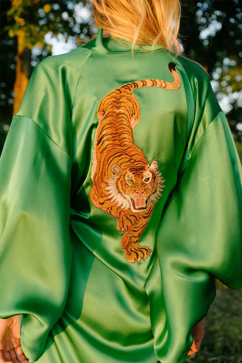 Green Pure Silk Tiger Urban Kimono
