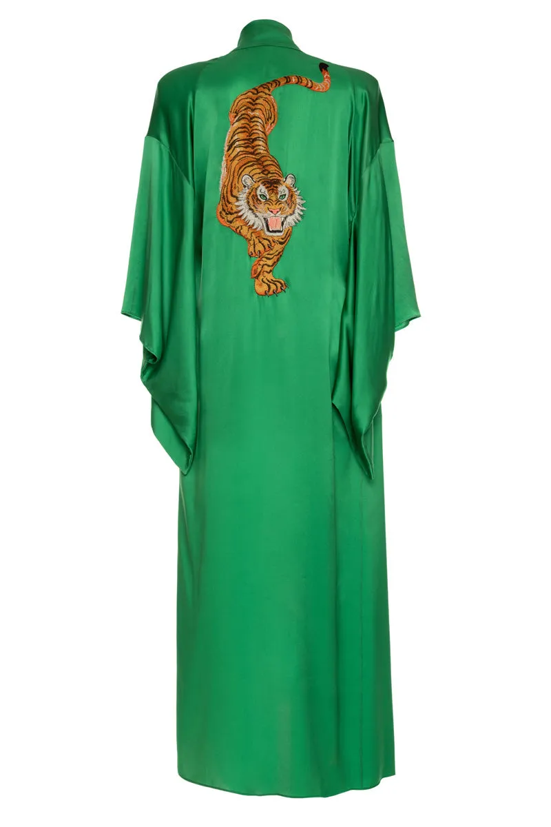 Green Pure Silk Tiger Urban Kimono