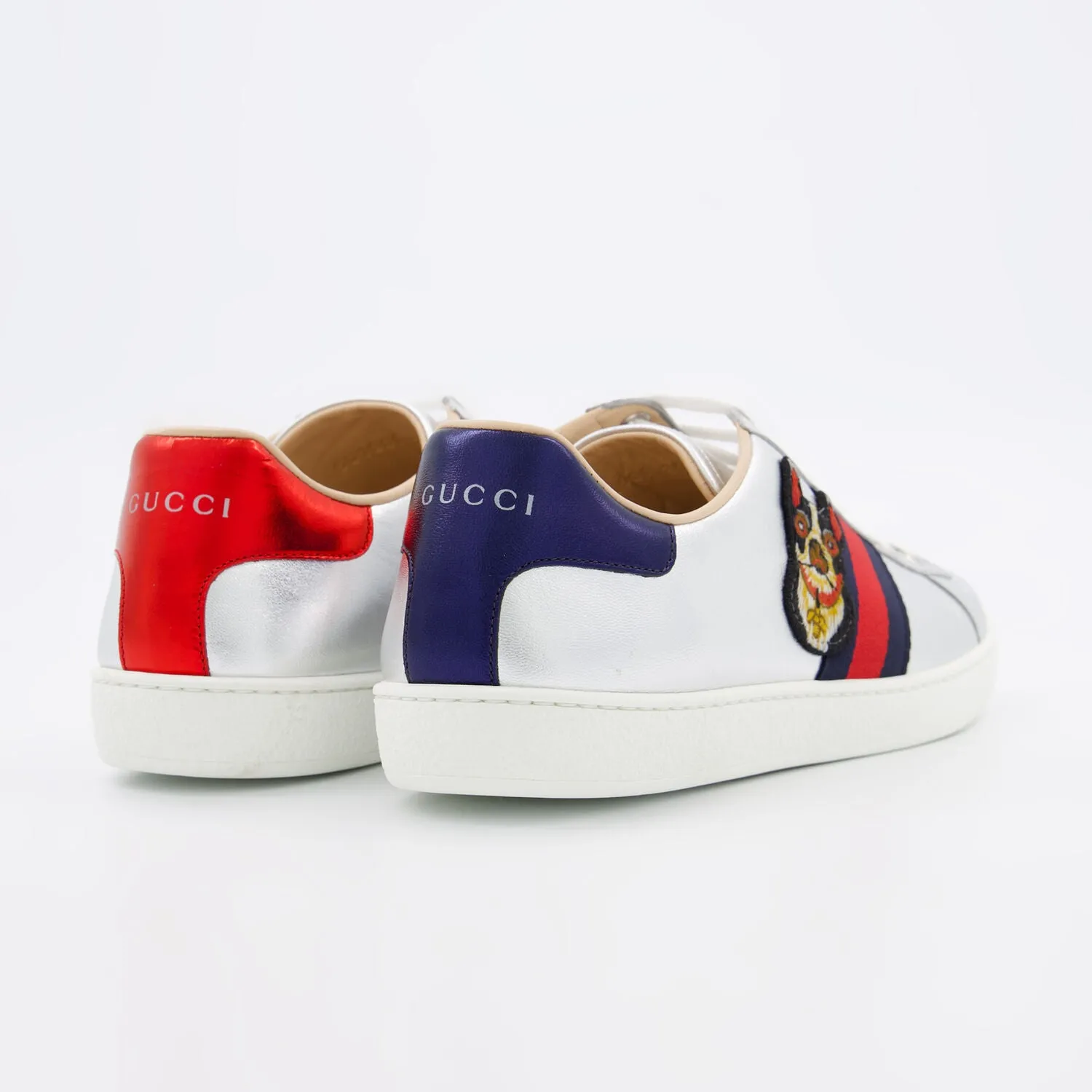 GUCCI  Silver Tone Leather Ace Dog Trainers