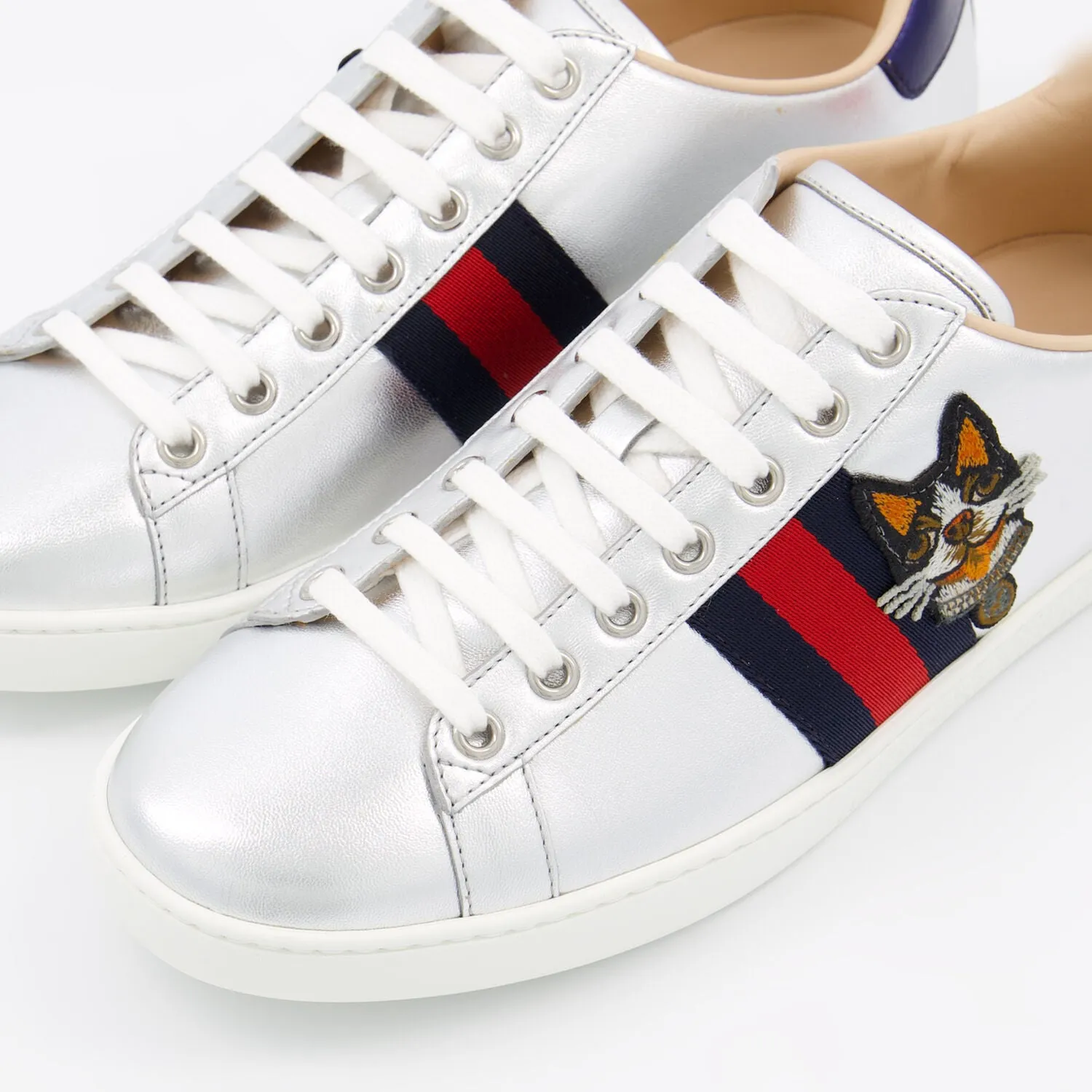 GUCCI  Silver Tone Leather Ace Dog Trainers