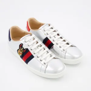 GUCCI  Silver Tone Leather Ace Dog Trainers