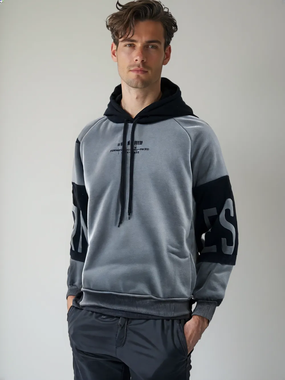 HOD25002 Unisex 100% Polyester Classic Hoodie in Black and Grey with Bold Print on Sleeve