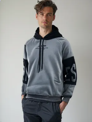 HOD25002 Unisex 100% Polyester Classic Hoodie in Black and Grey with Bold Print on Sleeve