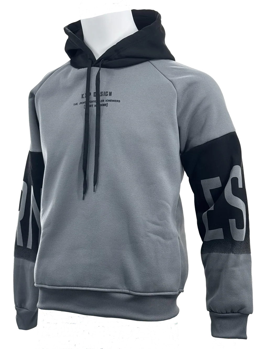 HOD25002 Unisex 100% Polyester Classic Hoodie in Black and Grey with Bold Print on Sleeve