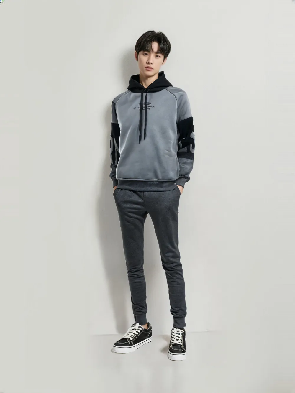 HOD25002 Unisex 100% Polyester Classic Hoodie in Black and Grey with Bold Print on Sleeve