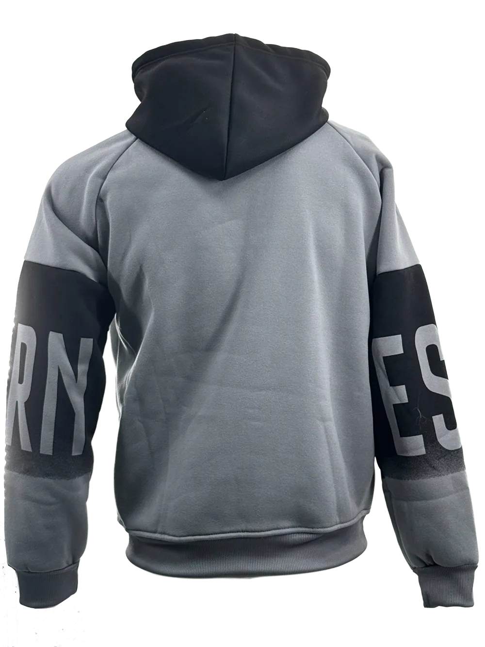 HOD25002 Unisex 100% Polyester Classic Hoodie in Black and Grey with Bold Print on Sleeve
