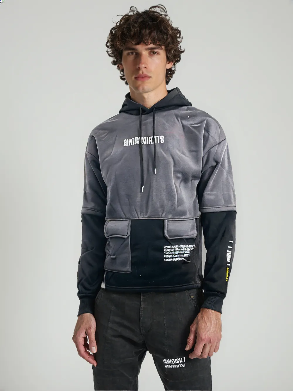 HOD25004 Unisex 100% Polyester Fleece Hoodie in Grey with Black color contrast
