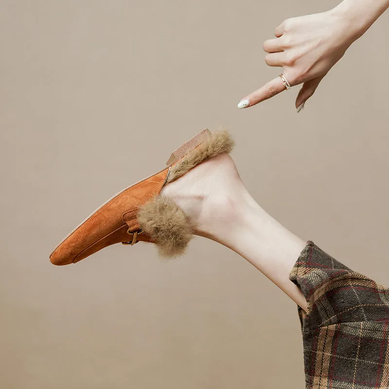 Kayla Suede Orange Mules with Fur