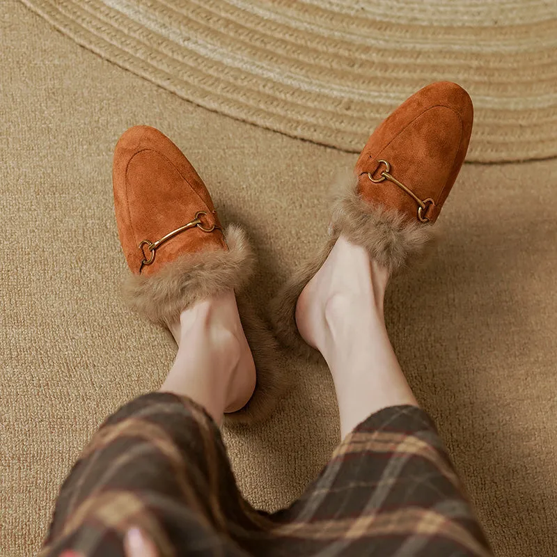 Kayla Suede Orange Mules with Fur