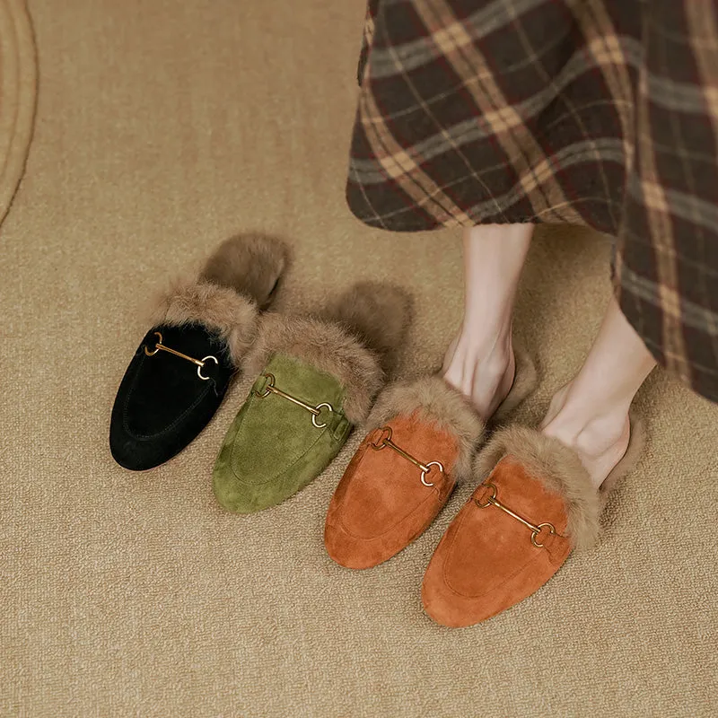 Kayla Suede Orange Mules with Fur