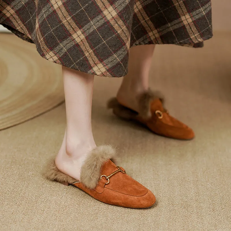 Kayla Suede Orange Mules with Fur