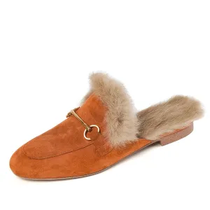 Kayla Suede Orange Mules with Fur