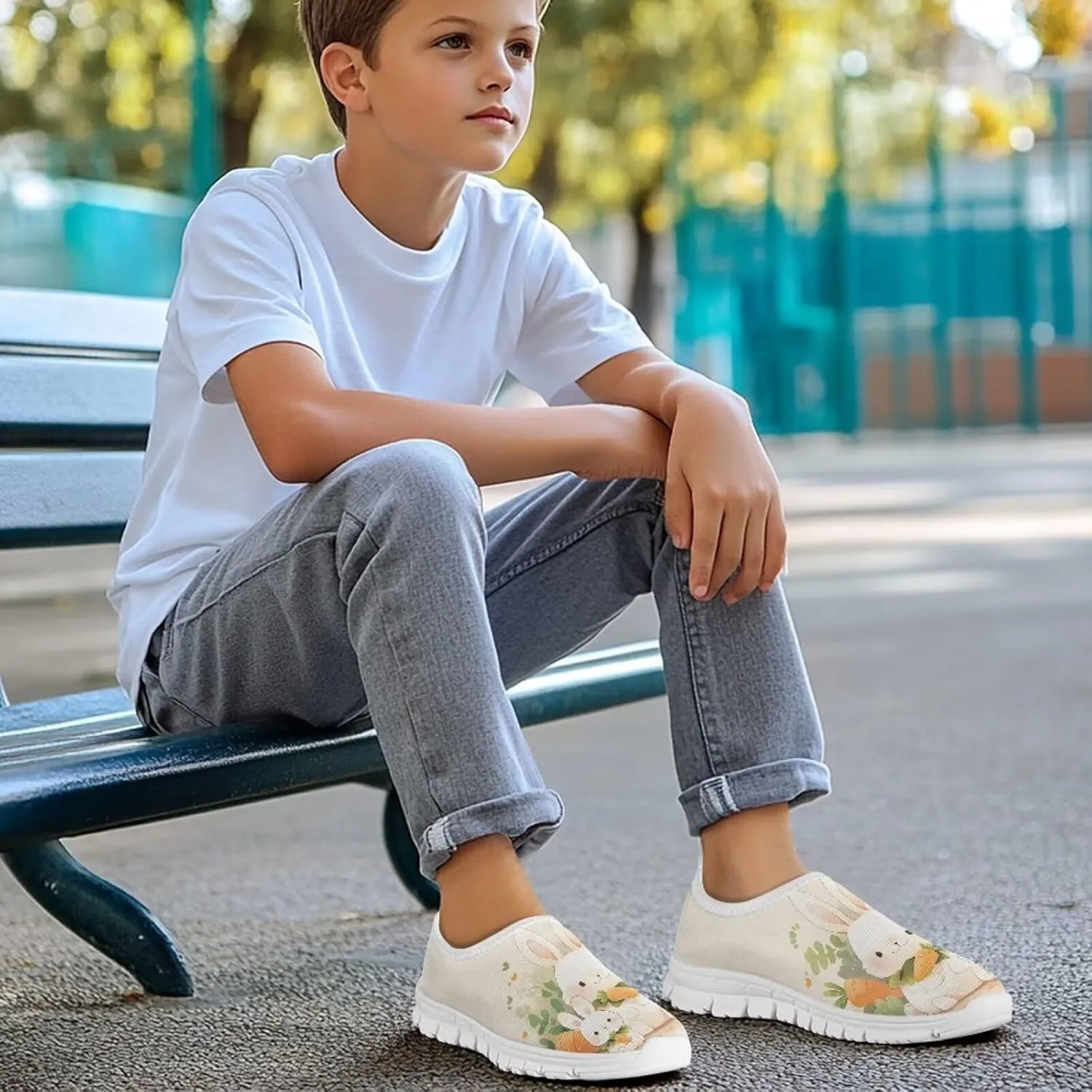 Kids Breathable Sneakers Slip On Casual Shoes Boys Girls Lightweight Cozy Walking Shoe for Workout Size 11-15 White Sole