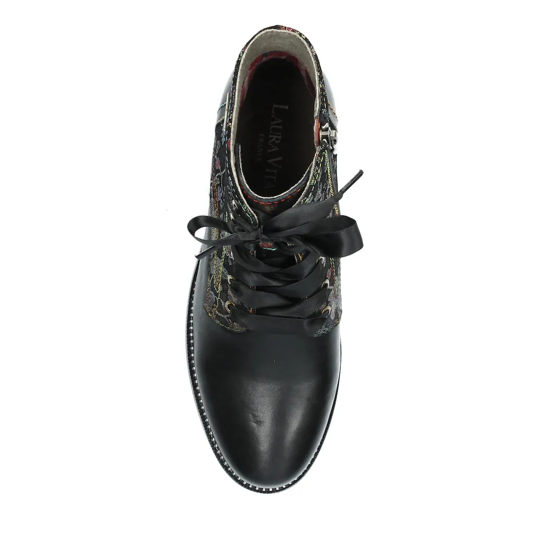 Laura Vita Emcmao 05 Ladies Black Leather & Textile Zip & Lace Ankle Boots