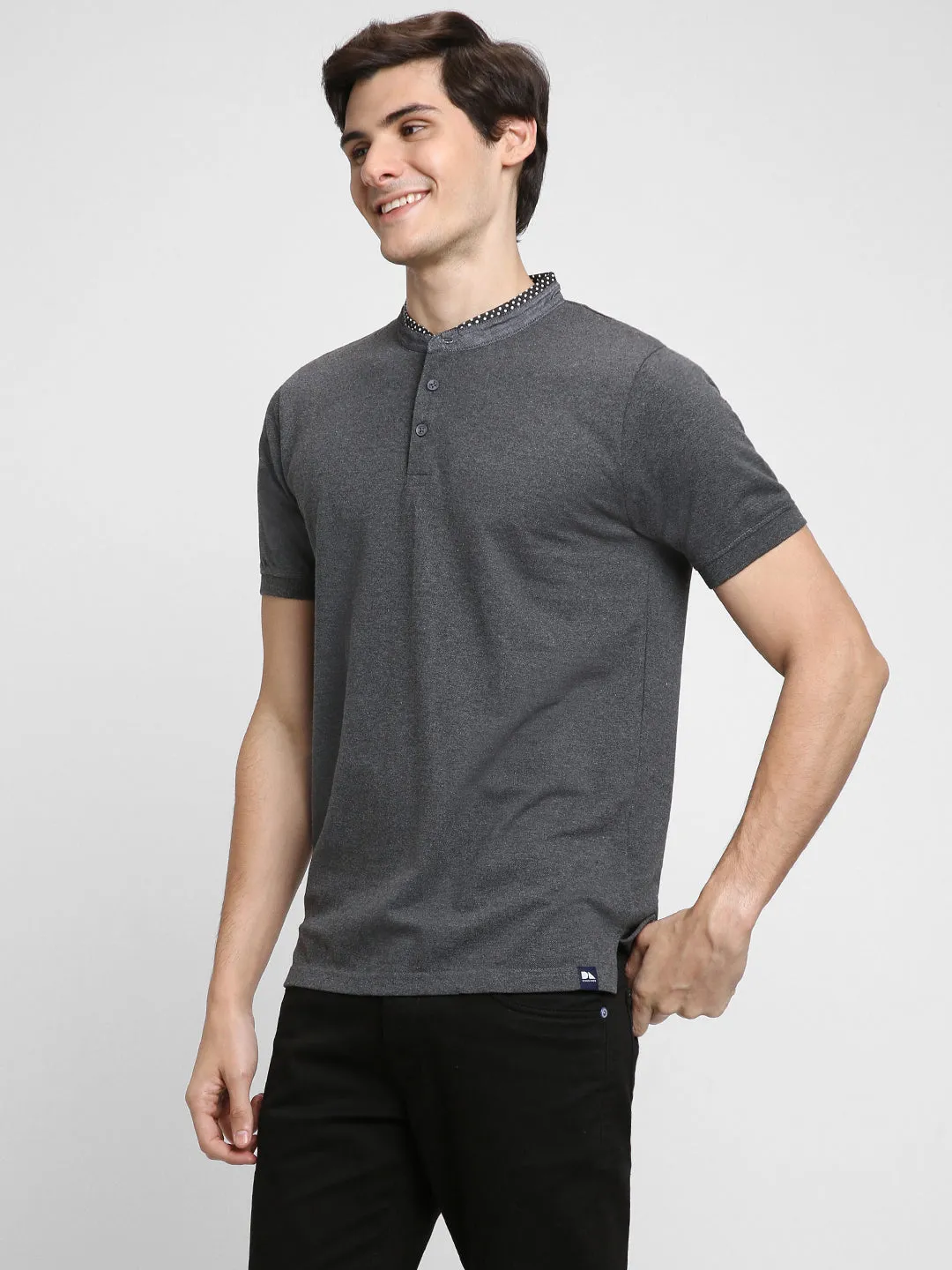 Men's Chambray Collar Regular Fit Solid Grey T-shirt