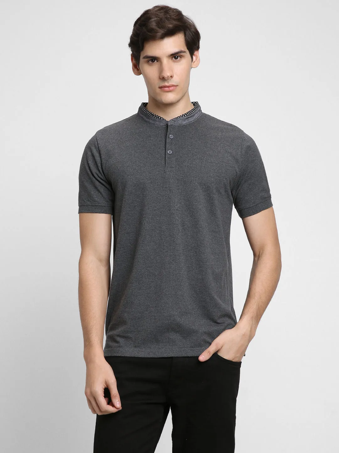 Men's Chambray Collar Regular Fit Solid Grey T-shirt