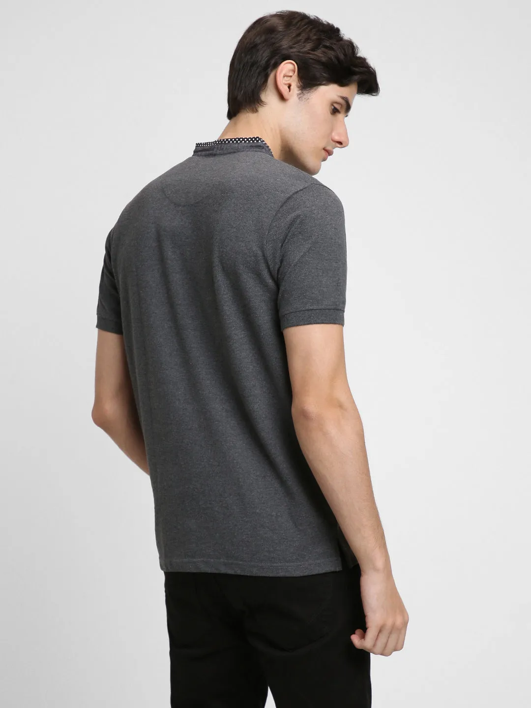 Men's Chambray Collar Regular Fit Solid Grey T-shirt