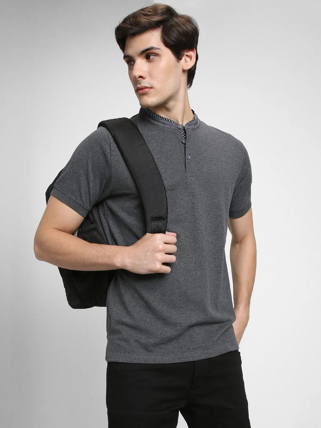 Men's Chambray Collar Regular Fit Solid Grey T-shirt