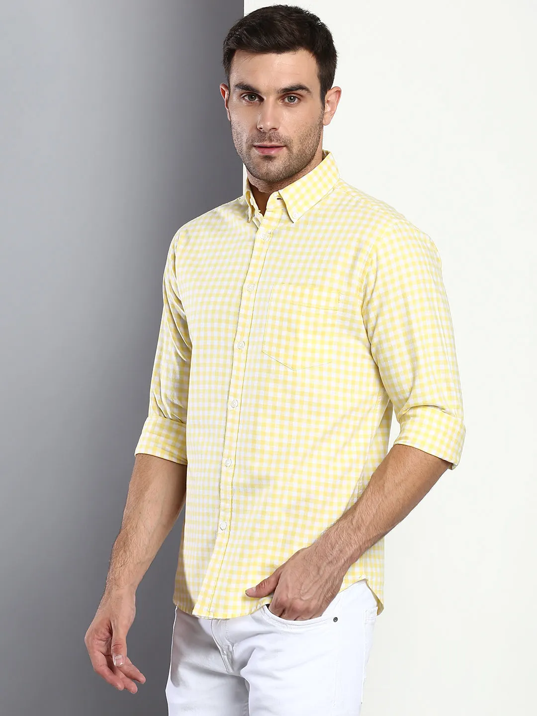 Men's Checkered Lemon Slim Fit Cotton Casual Shirt With Button Down Collar & Full Sleeves