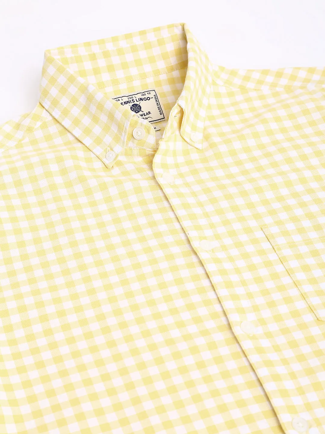 Men's Checkered Lemon Slim Fit Cotton Casual Shirt With Button Down Collar & Full Sleeves