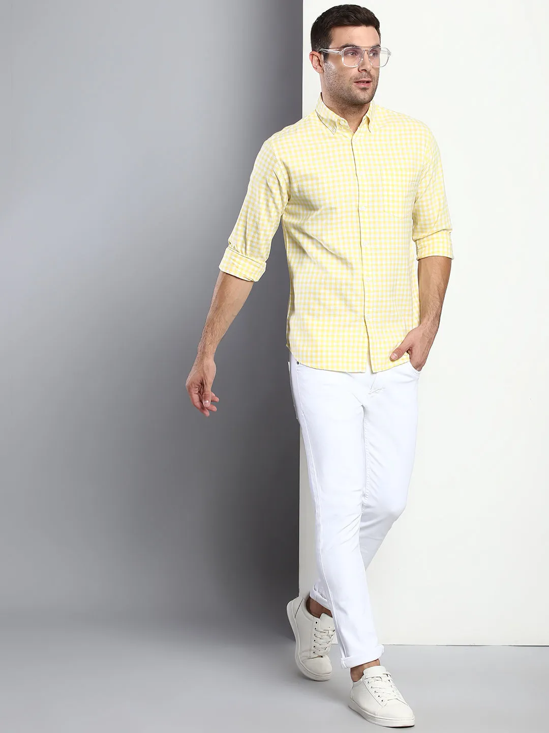Men's Checkered Lemon Slim Fit Cotton Casual Shirt With Button Down Collar & Full Sleeves