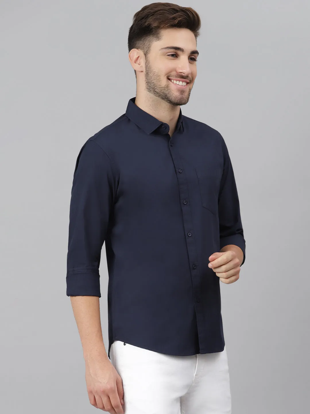 Men's Cotton Navyblue Solid Casual Shirt