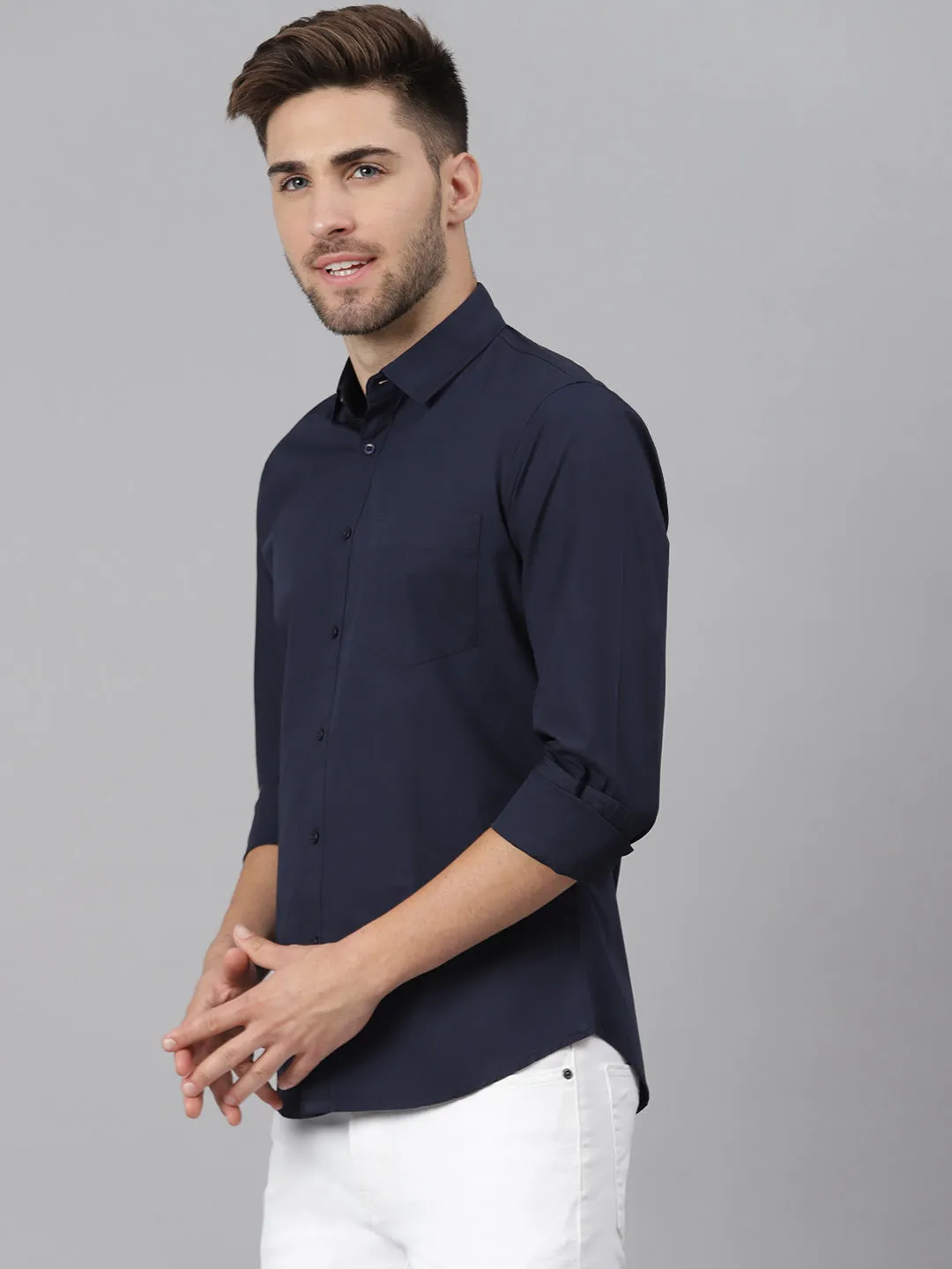 Men's Cotton Navyblue Solid Casual Shirt