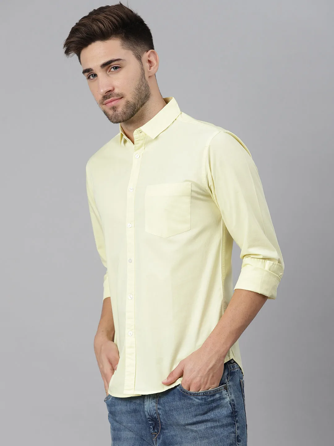 Men's Cotton Yellow Green Solid Casual Shirt