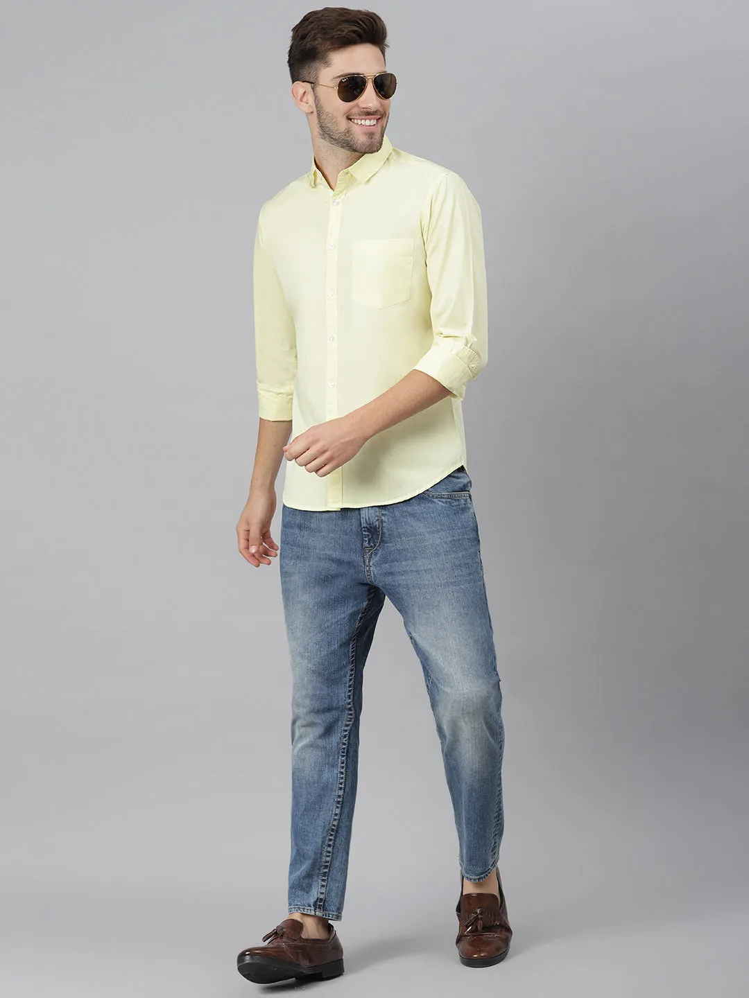 Men's Cotton Yellow Green Solid Casual Shirt