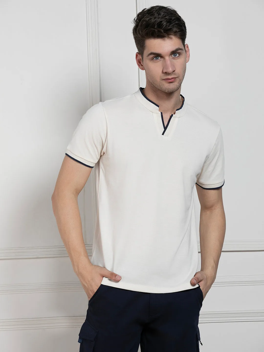 Men's Ecru Polo Collar Solid Regular Fit T-Shirt