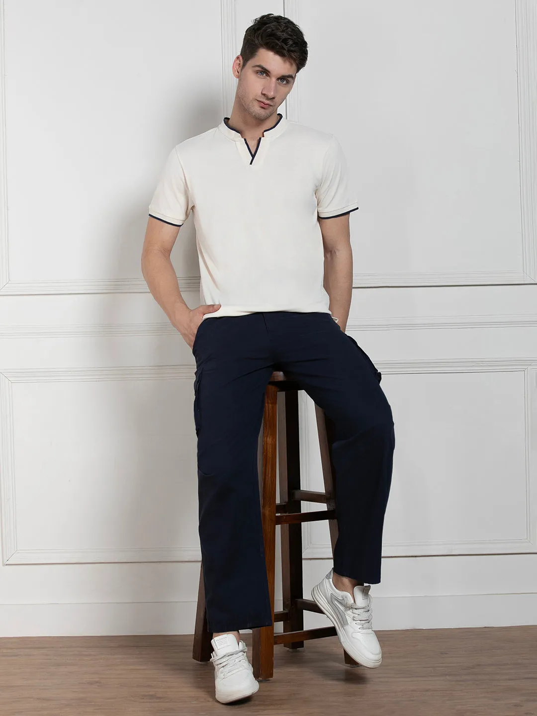 Men's Ecru Polo Collar Solid Regular Fit T-Shirt
