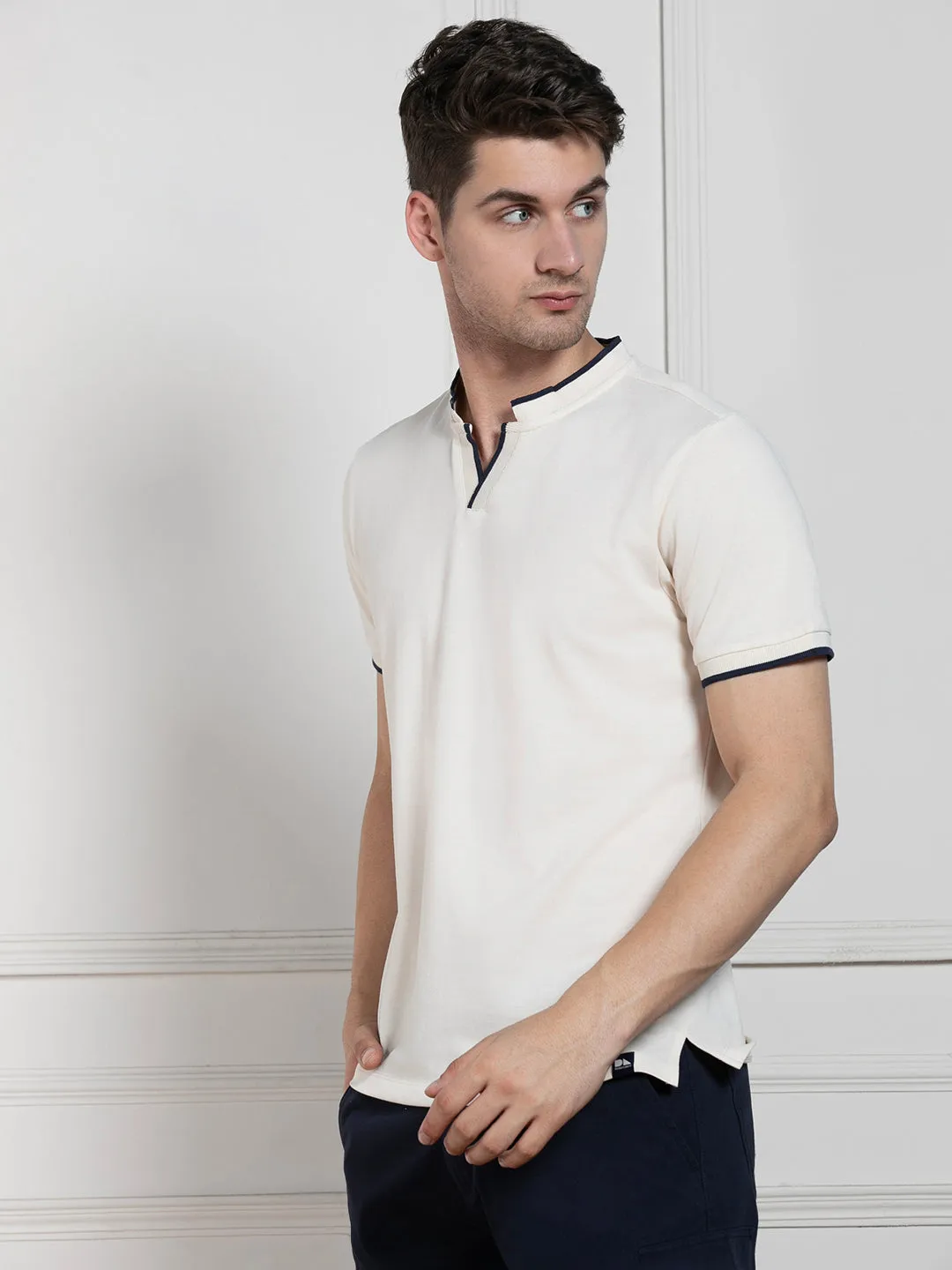 Men's Ecru Polo Collar Solid Regular Fit T-Shirt