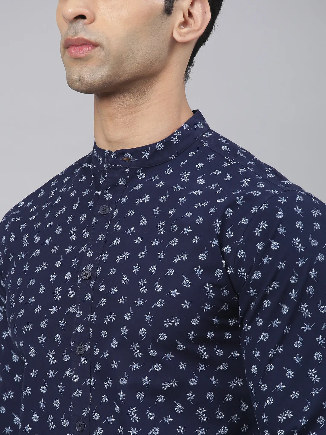 Men's Floral Prints Slim Fit Mandarin Full Sleeves Shirt (Navy)