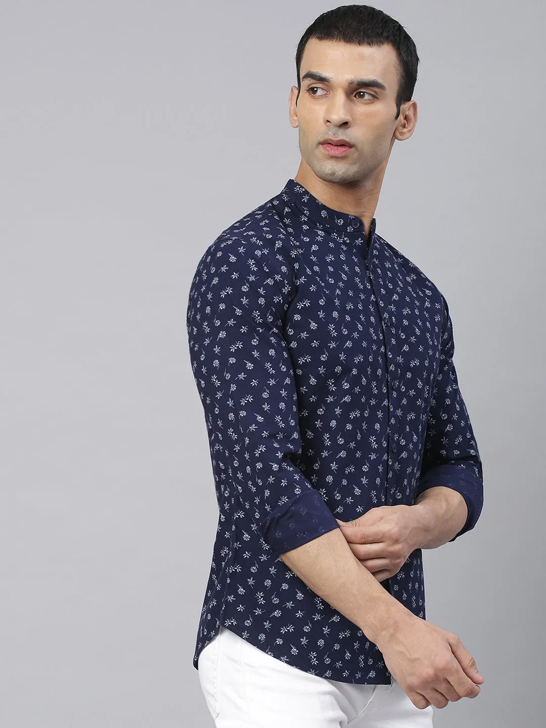 Men's Floral Prints Slim Fit Mandarin Full Sleeves Shirt (Navy)