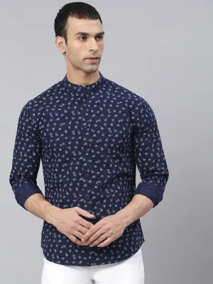 Men's Floral Prints Slim Fit Mandarin Full Sleeves Shirt (Navy)