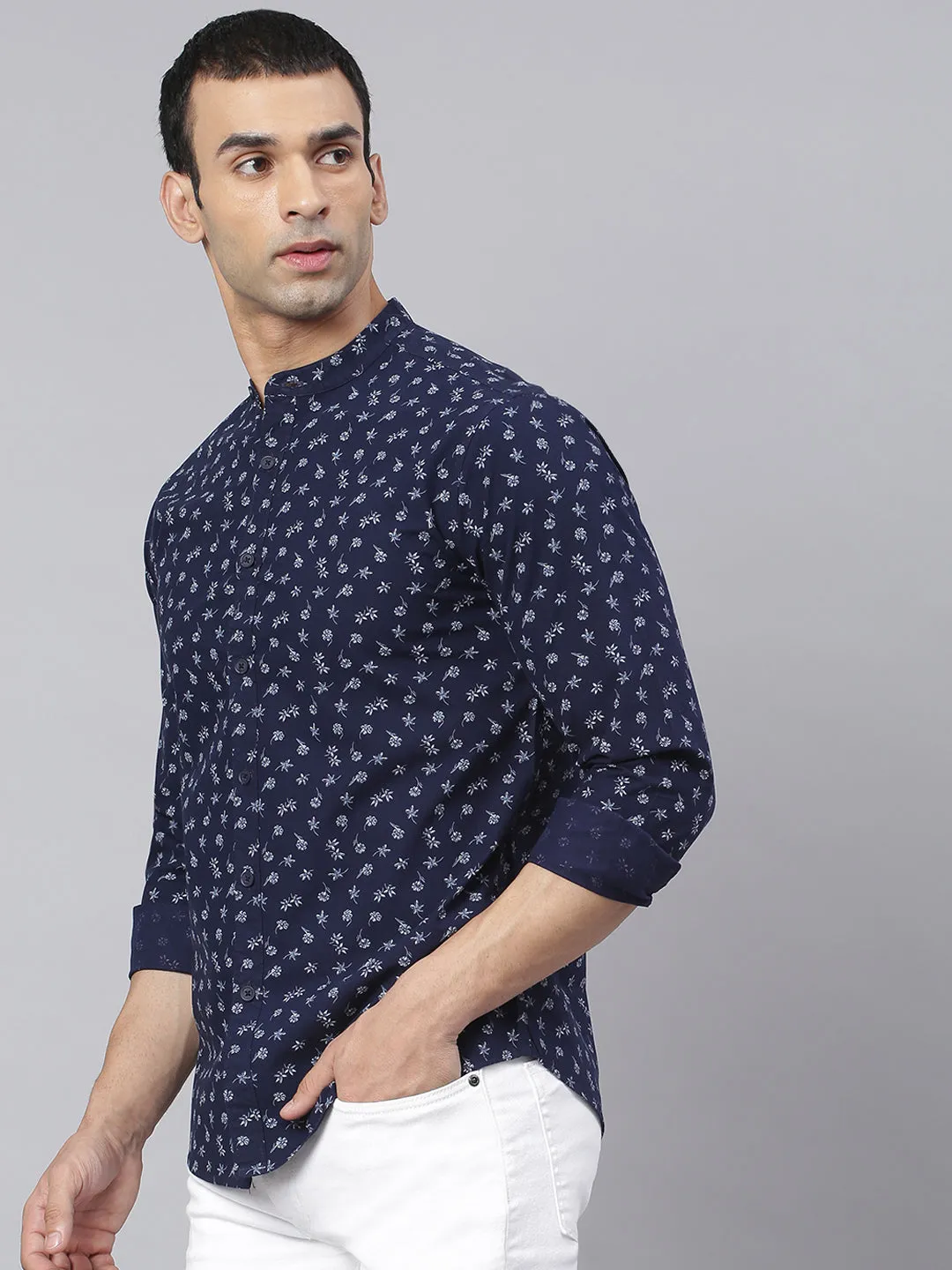 Men's Floral Prints Slim Fit Mandarin Full Sleeves Shirt (Navy)