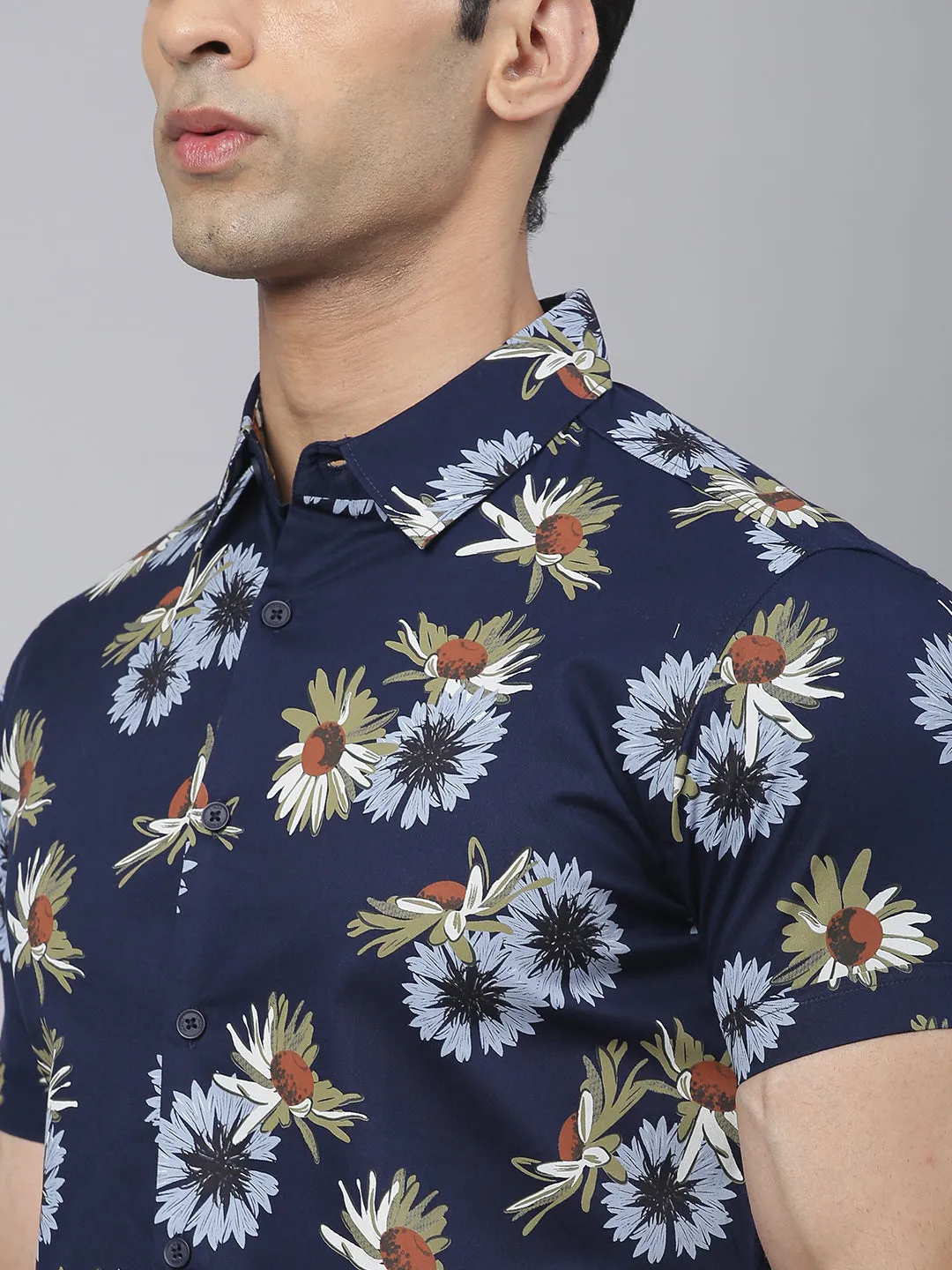 Men's Floral Prints Slimfit Half Sleeves Spread Collar Shirts (Navy)