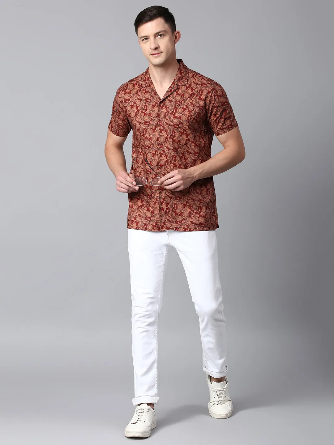 Men's Floral Red Slim Fit Casual Shirt With Cuban Collar