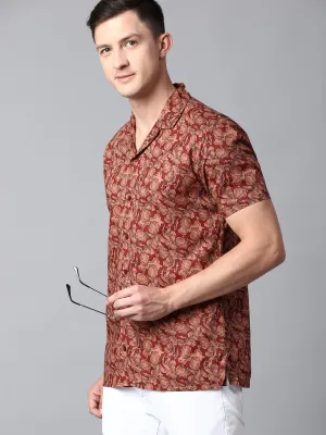 Men's Floral Red Slim Fit Casual Shirt With Cuban Collar