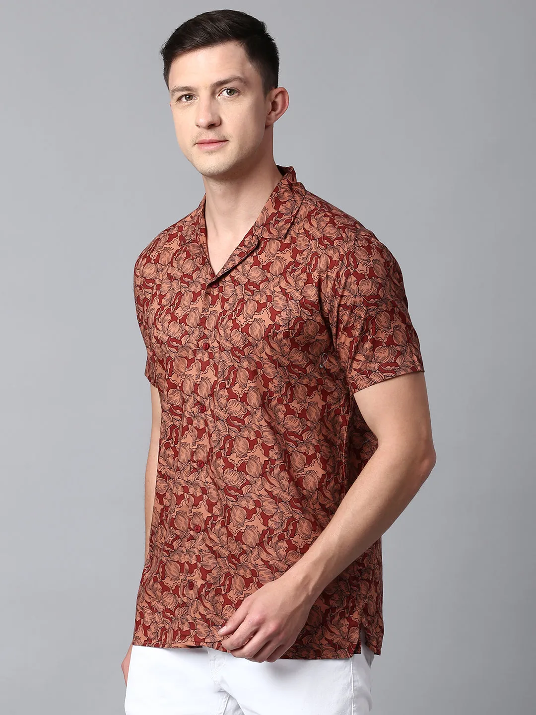 Men's Floral Red Slim Fit Casual Shirt With Cuban Collar