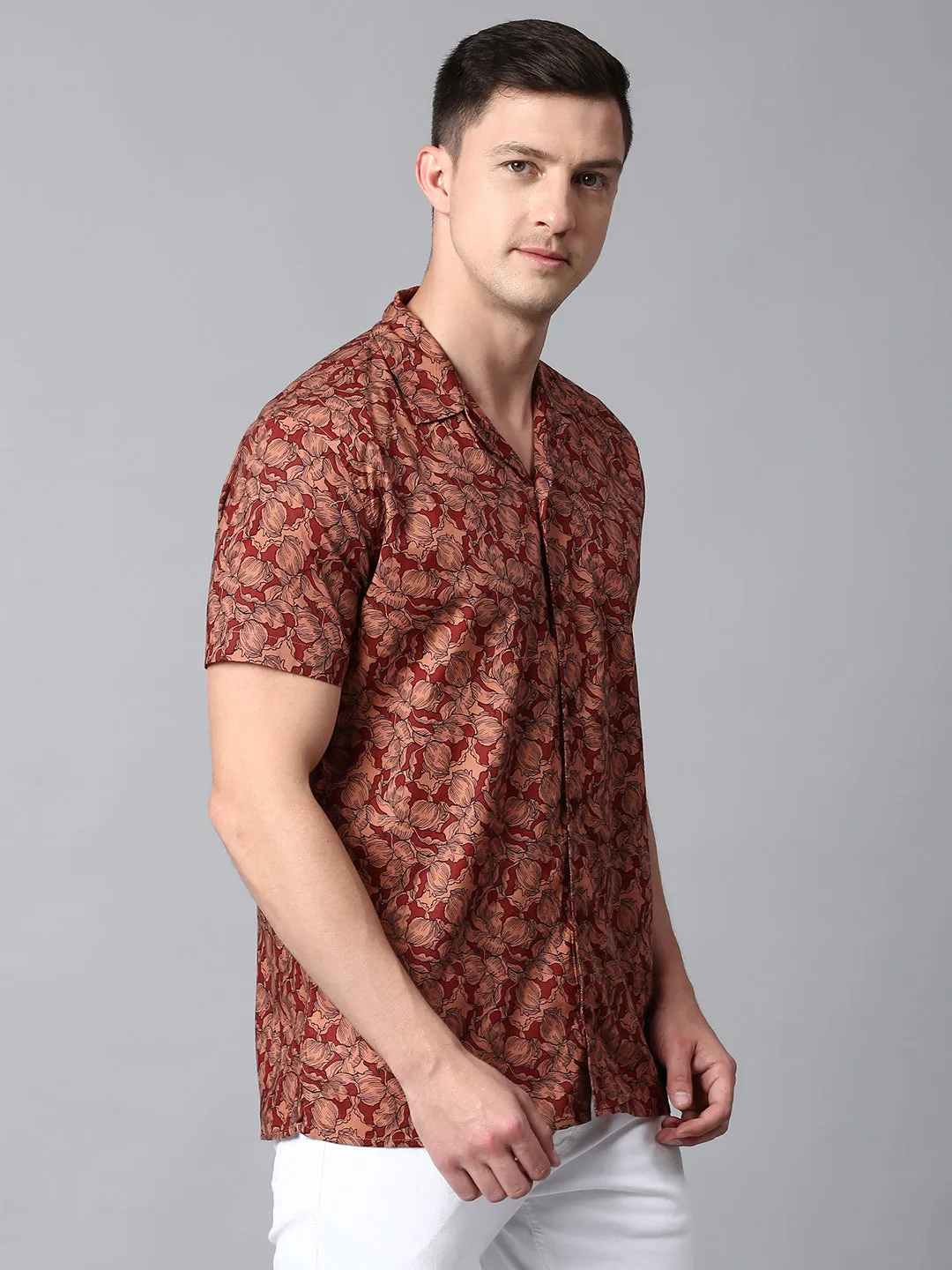 Men's Floral Red Slim Fit Casual Shirt With Cuban Collar