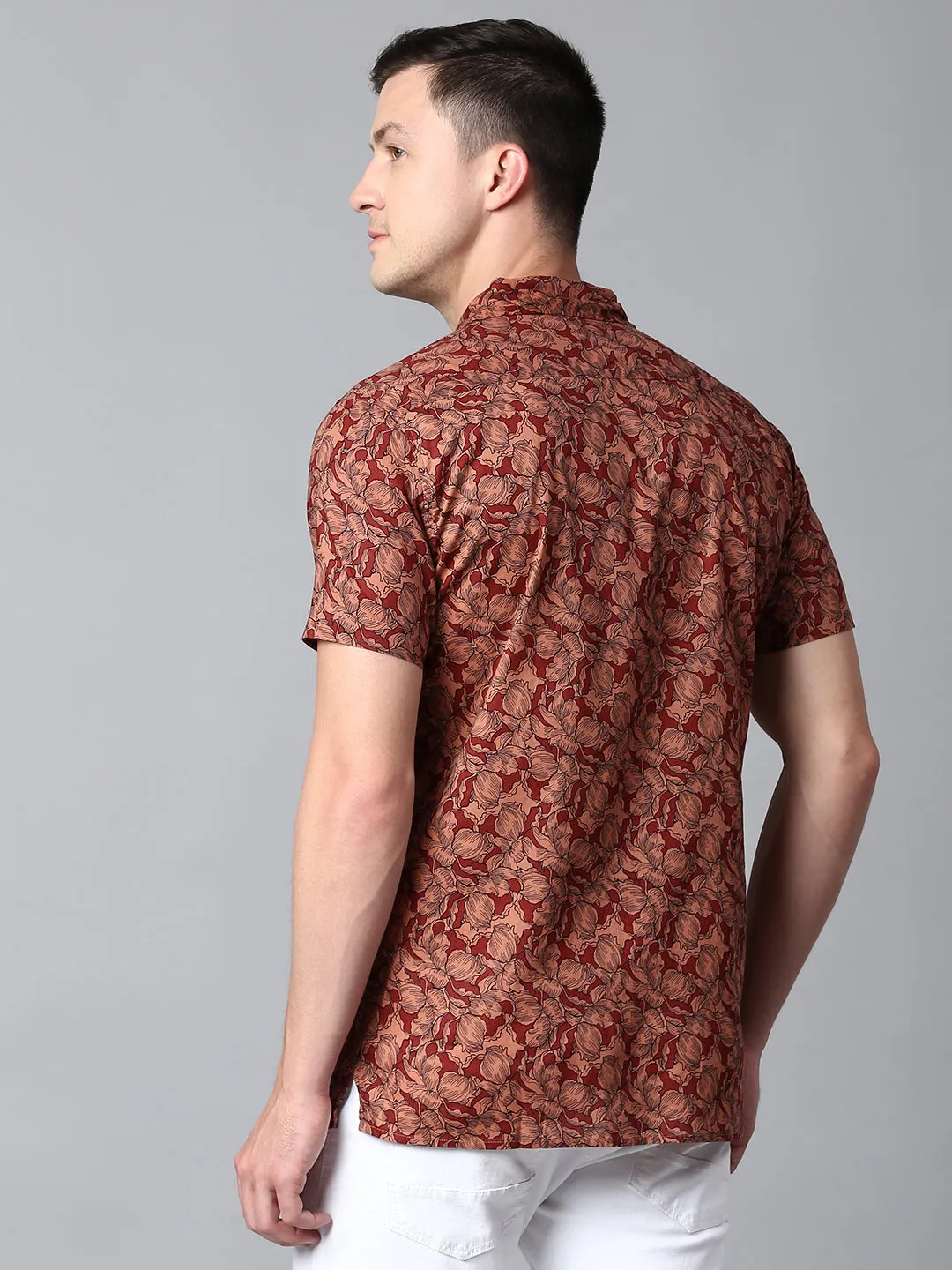 Men's Floral Red Slim Fit Casual Shirt With Cuban Collar