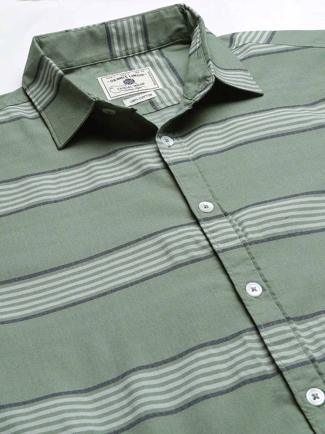 Men's Green Comfort Slim Fit Striped Pure Cotton Casual Shirt