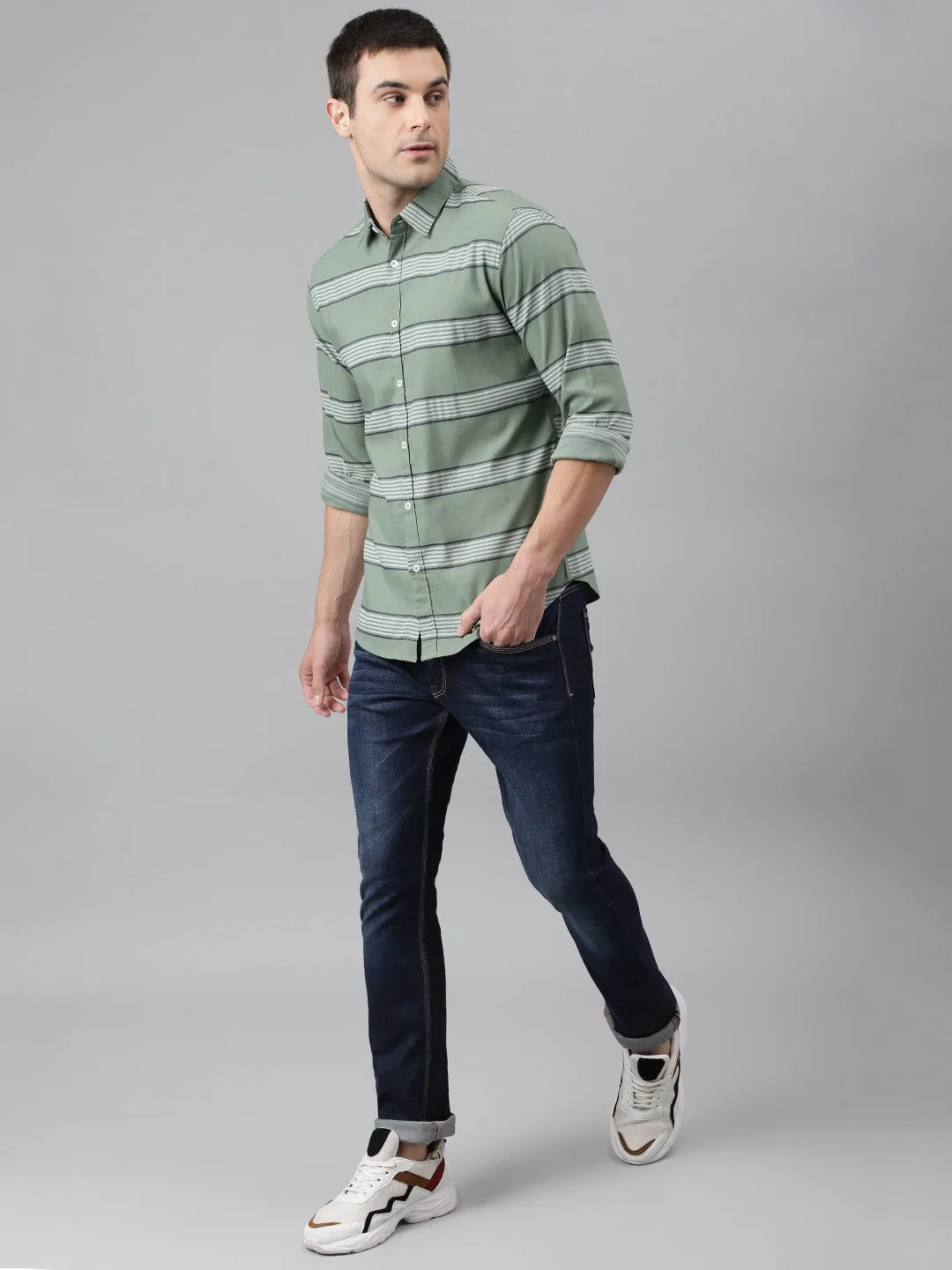 Men's Green Comfort Slim Fit Striped Pure Cotton Casual Shirt