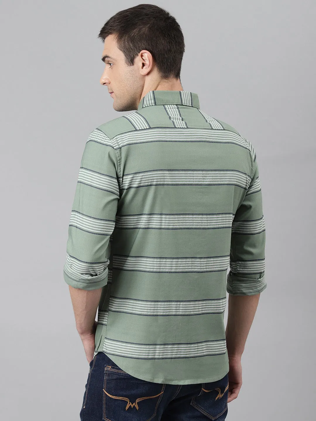 Men's Green Comfort Slim Fit Striped Pure Cotton Casual Shirt