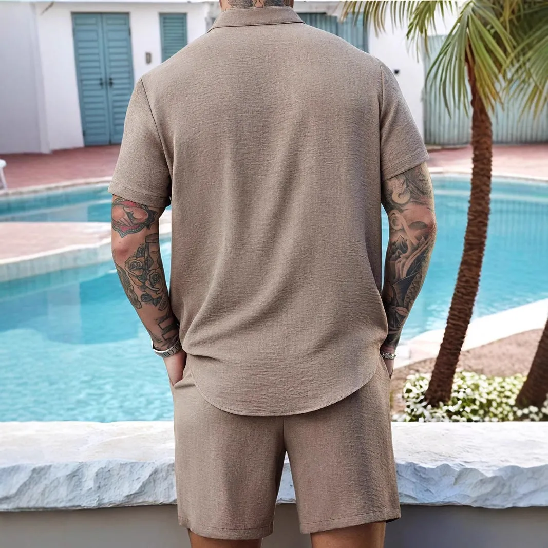 Mens Henley Shirt and Shorts Set  Cotton  Relaxed Fit  Drawstring Waist Casual Wear