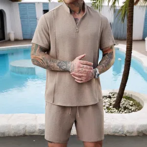 Mens Henley Shirt and Shorts Set  Cotton  Relaxed Fit  Drawstring Waist Casual Wear