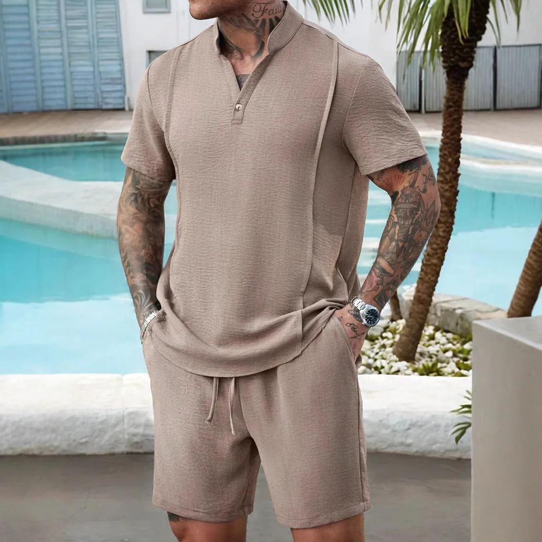 Mens Henley Shirt and Shorts Set  Cotton  Relaxed Fit  Drawstring Waist Casual Wear