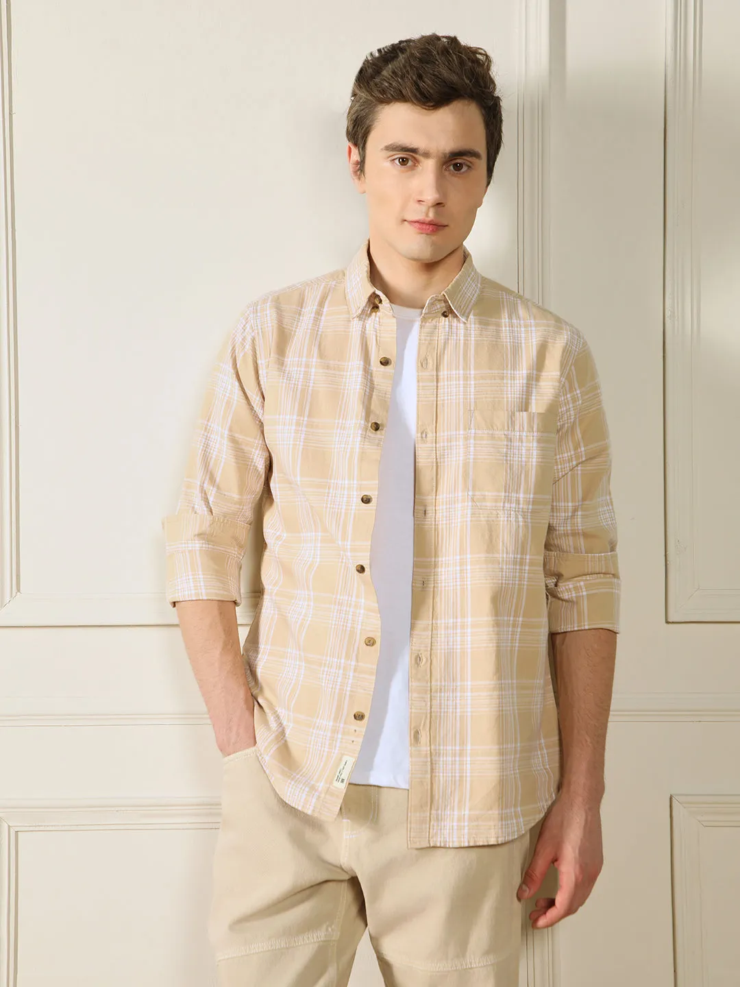 Men's Khaki Tartan Checks 100% Cotton Casual Shirt