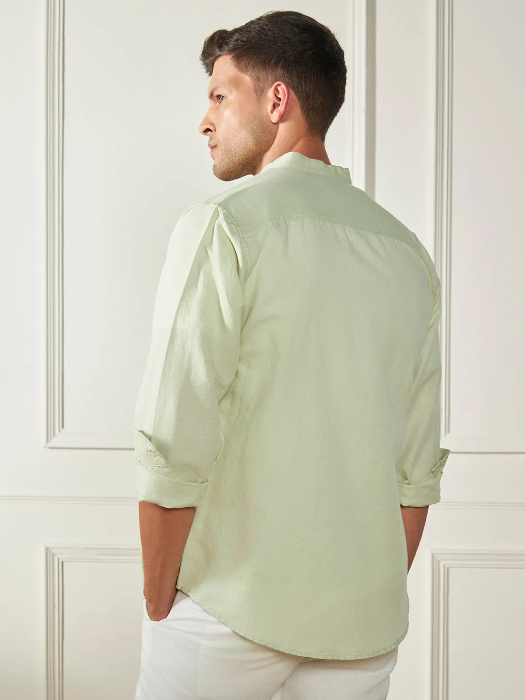 Men's Mandarin Collar Regular Fit Solid Green Casual Shirt